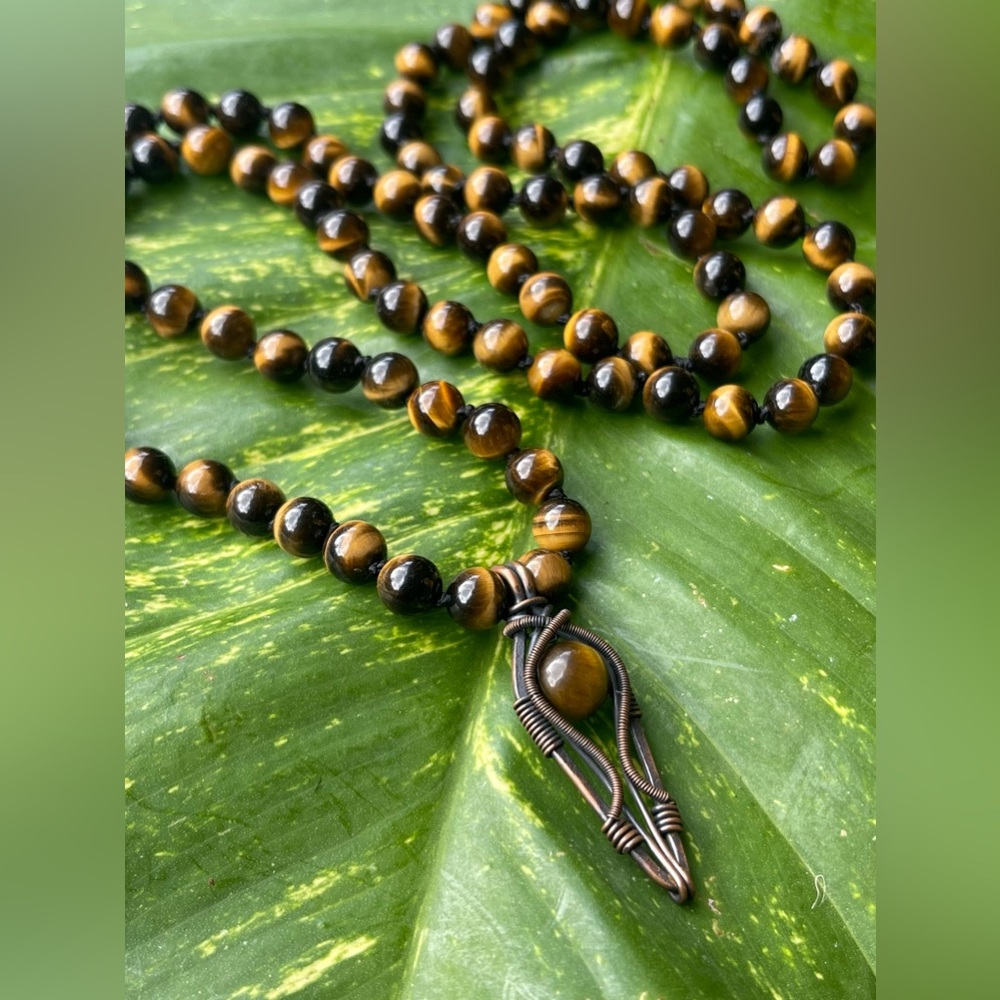 Yellow Tigers Eye Crystal Mala Necklace Copper Wire Wrap Pendant